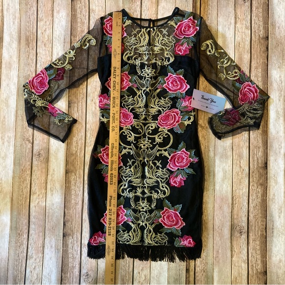NWT L’Atiste by Amy Black Sheer Embroidered Floral Lined Pencil Dress S side zip - Picture 2 of 12